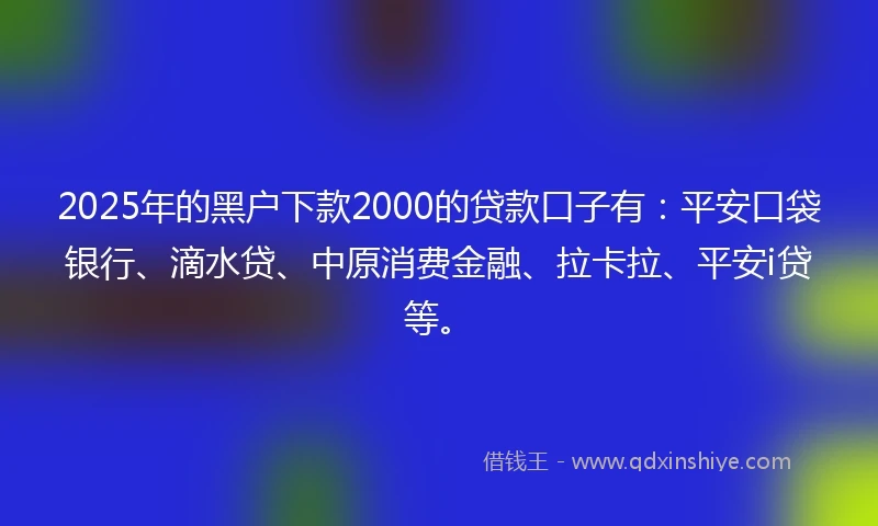 2025年的黑户下款2000的贷款口子有：平安口袋银行、滴水贷、中原消费金融、拉卡拉、平安i贷等。