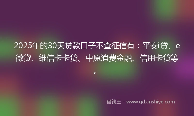 2025年的30天贷款口子不查征信有：平安i贷、e微贷、维信卡卡贷、中原消费金融、信用卡贷等。