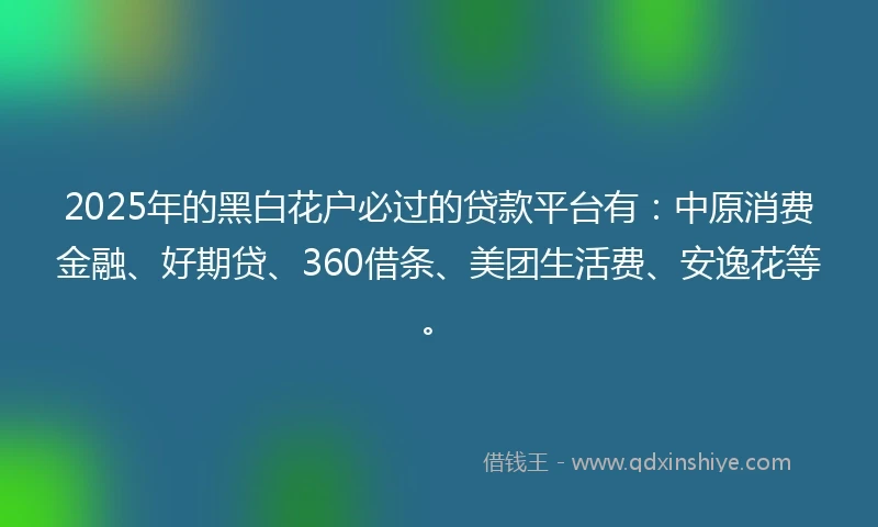 2025年的黑白花户必过的贷款平台有：中原消费金融、好期贷、360借条、美团生活费、安逸花等。