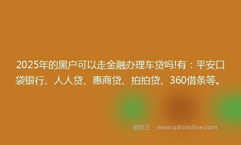 2025年的黑户可以走金融办理车贷吗!有：平安口袋银行、人人贷、惠商贷、拍拍贷、360借条等。