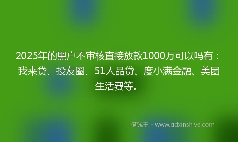 2025年的黑户不审核直接放款1000万可以吗有：我来贷、投友圈、51人品贷、度小满金融、美团生活费等。