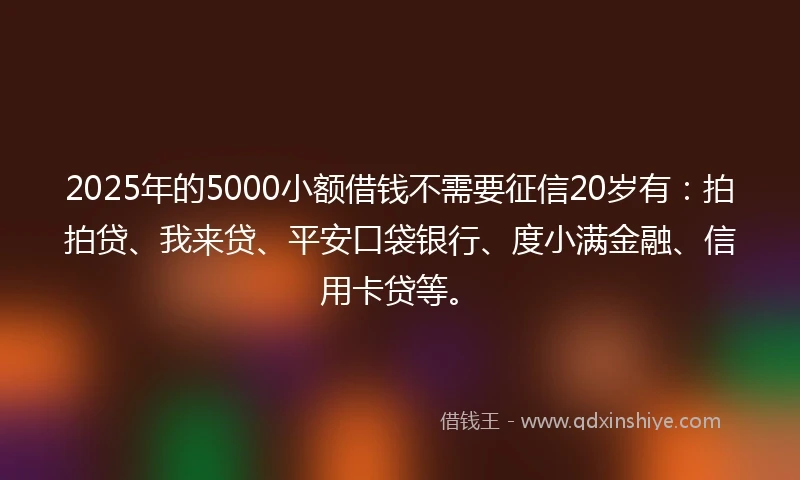 2025年的5000小额借钱不需要征信20岁有：拍拍贷、我来贷、平安口袋银行、度小满金融、信用卡贷等。