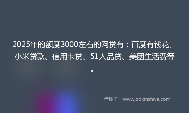 2025年的额度3000左右的网贷有：百度有钱花、小米贷款、信用卡贷、51人品贷、美团生活费等。