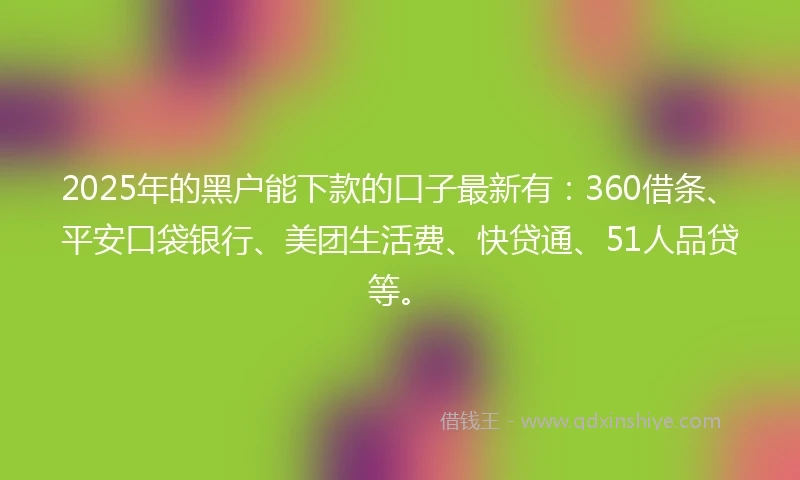 2025年的黑户能下款的口子最新有：360借条、平安口袋银行、美团生活费、快贷通、51人品贷等。