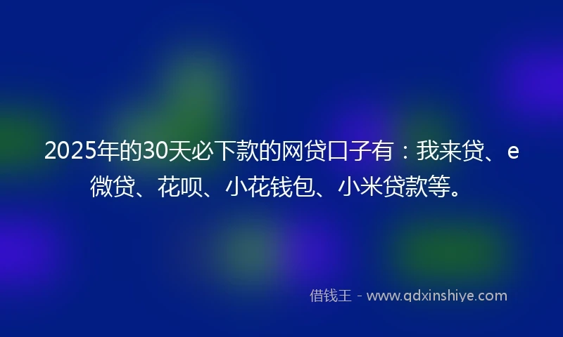 2025年的30天必下款的网贷口子有：我来贷、e微贷、花呗、小花钱包、小米贷款等。