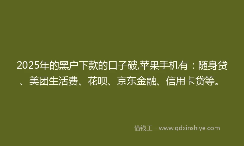 2025年的黑户下款的口子破,苹果手机有：随身贷、美团生活费、花呗、京东金融、信用卡贷等。