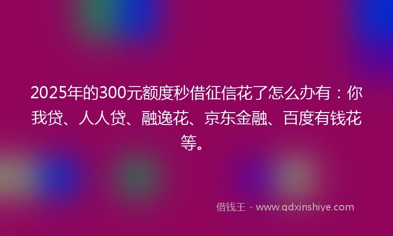 2025年的300元额度秒借征信花了怎么办有：你我贷、人人贷、融逸花、京东金融、百度有钱花等。