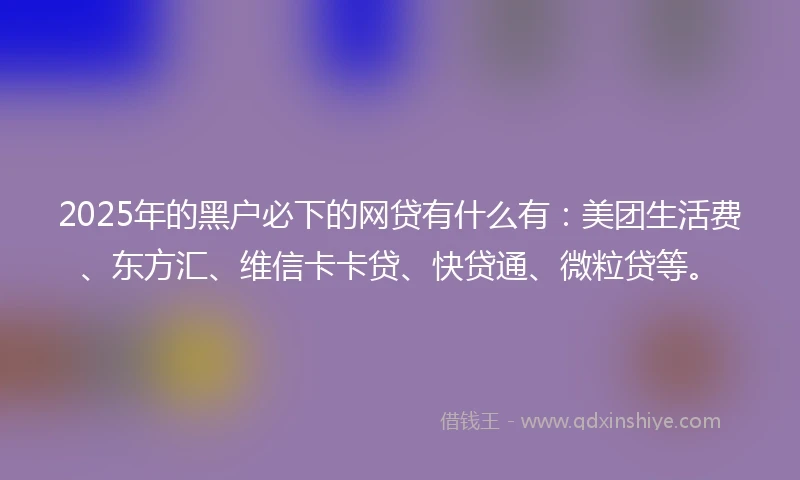 2025年的黑户必下的网贷有什么有：美团生活费、东方汇、维信卡卡贷、快贷通、微粒贷等。