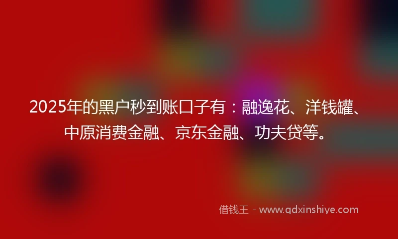 2025年的黑户秒到账口子有：融逸花、洋钱罐、中原消费金融、京东金融、功夫贷等。