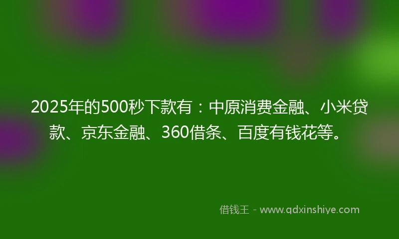 2025年的500秒下款有：中原消费金融、小米贷款、京东金融、360借条、百度有钱花等。