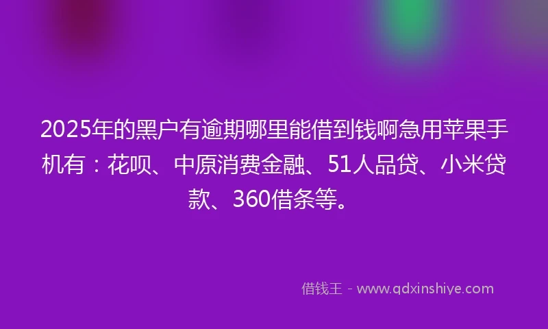 2025年的黑户有逾期哪里能借到钱啊急用苹果手机有：花呗、中原消费金融、51人品贷、小米贷款、360借条等。