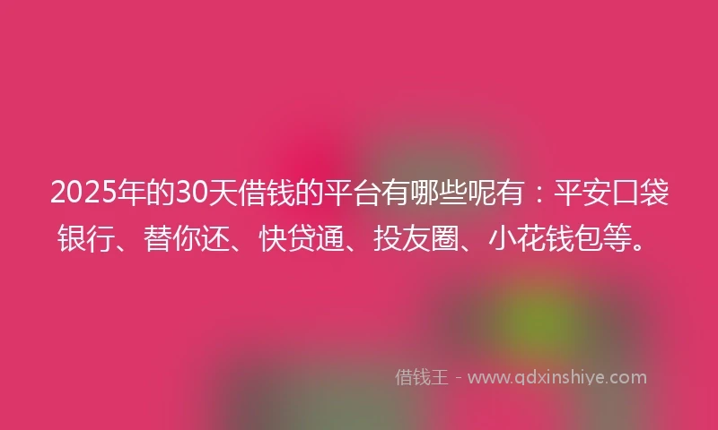 2025年的30天借钱的平台有哪些呢有：平安口袋银行、替你还、快贷通、投友圈、小花钱包等。