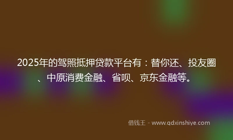 2025年的驾照抵押贷款平台有：替你还、投友圈、中原消费金融、省呗、京东金融等。