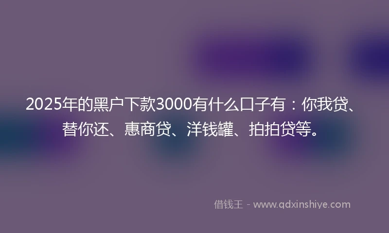 2025年的黑户下款3000有什么口子有：你我贷、替你还、惠商贷、洋钱罐、拍拍贷等。