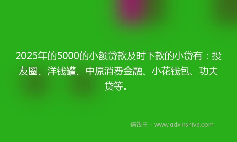 2025年的5000的小额贷款及时下款的小贷有：投友圈、洋钱罐、中原消费金融、小花钱包、功夫贷等。