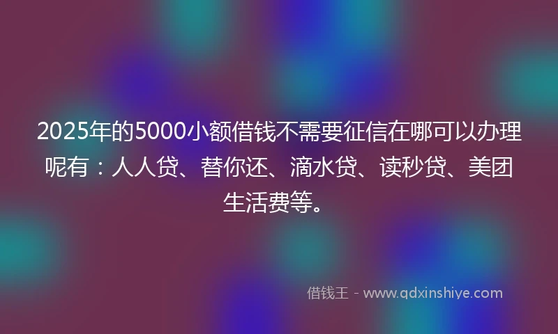 2025年的5000小额借钱不需要征信在哪可以办理呢有：人人贷、替你还、滴水贷、读秒贷、美团生活费等。