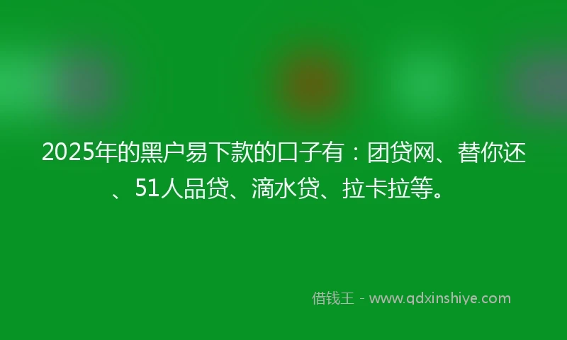2025年的黑户易下款的口子有：团贷网、替你还、51人品贷、滴水贷、拉卡拉等。