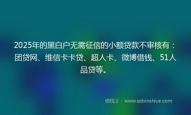 2025年的黑白户无需征信的小额贷款不审核有：团贷网、维信卡卡贷、超人卡、微博借钱、51人品贷等。