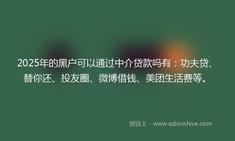 2025年的黑户可以通过中介贷款吗有：功夫贷、替你还、投友圈、微博借钱、美团生活费等。