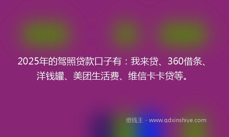 2025年的驾照贷款口子有：我来贷、360借条、洋钱罐、美团生活费、维信卡卡贷等。