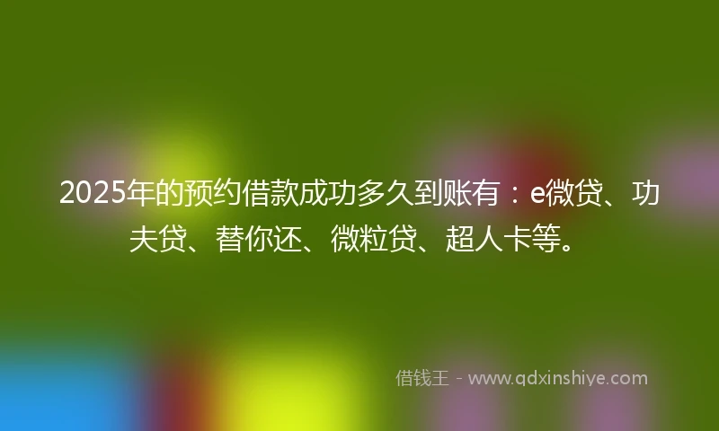 2025年的预约借款成功多久到账有：e微贷、功夫贷、替你还、微粒贷、超人卡等。