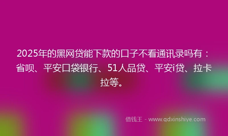 2025年的黑网贷能下款的口子不看通讯录吗有：省呗、平安口袋银行、51人品贷、平安i贷、拉卡拉等。