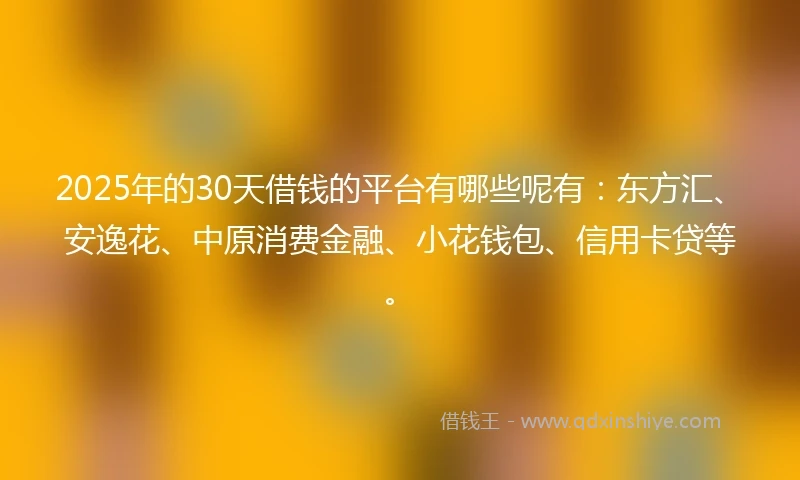2025年的30天借钱的平台有哪些呢有：东方汇、安逸花、中原消费金融、小花钱包、信用卡贷等。