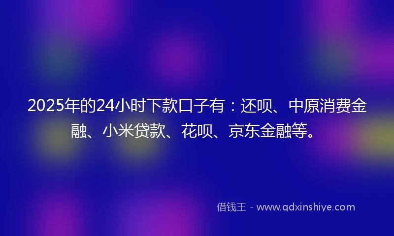 2025年的24小时下款口子有：还呗、中原消费金融、小米贷款、花呗、京东金融等。