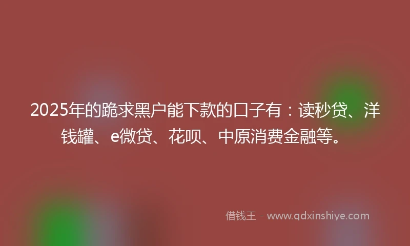 2025年的跪求黑户能下款的口子有：读秒贷、洋钱罐、e微贷、花呗、中原消费金融等。