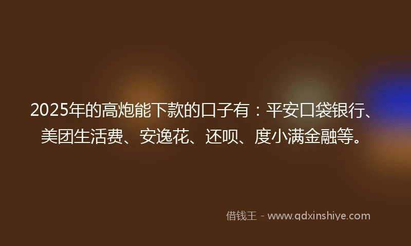 2025年的高炮能下款的口子有：平安口袋银行、美团生活费、安逸花、还呗、度小满金融等。