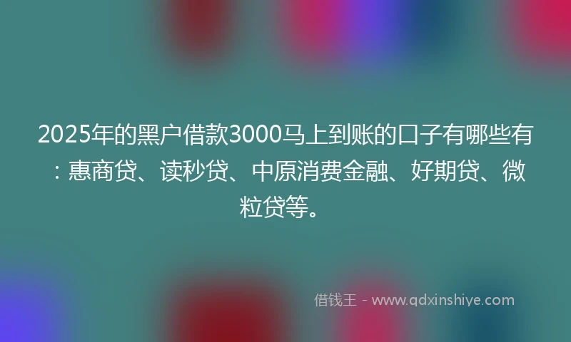 2025年的黑户借款3000马上到账的口子有哪些有：惠商贷、读秒贷、中原消费金融、好期贷、微粒贷等。