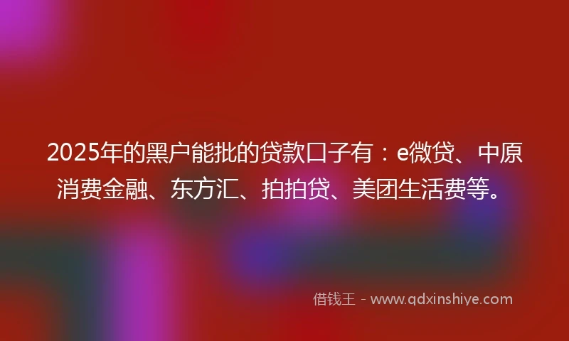 2025年的黑户能批的贷款口子有：e微贷、中原消费金融、东方汇、拍拍贷、美团生活费等。