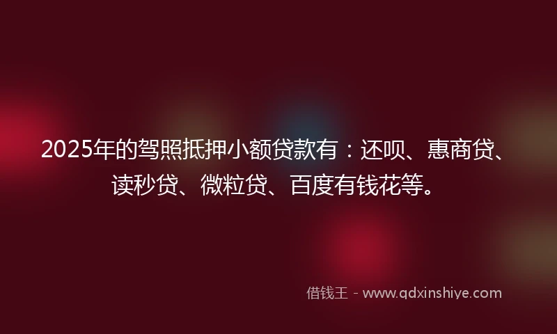 2025年的驾照抵押小额贷款有：还呗、惠商贷、读秒贷、微粒贷、百度有钱花等。