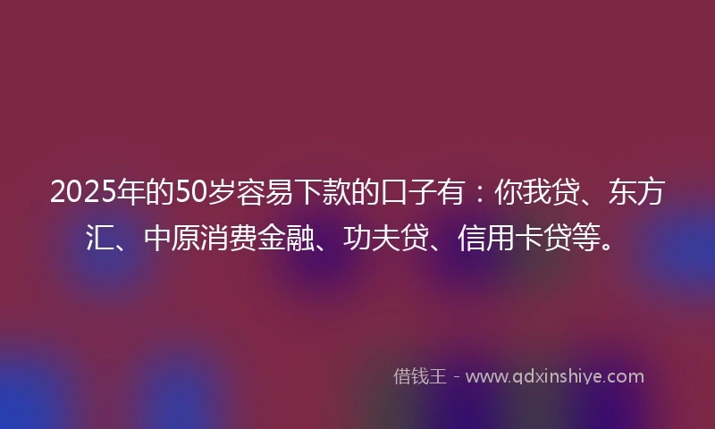 2025年的50岁容易下款的口子有：你我贷、东方汇、中原消费金融、功夫贷、信用卡贷等。