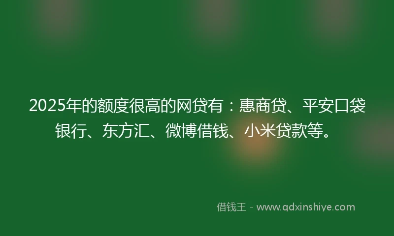 2025年的额度很高的网贷有：惠商贷、平安口袋银行、东方汇、微博借钱、小米贷款等。