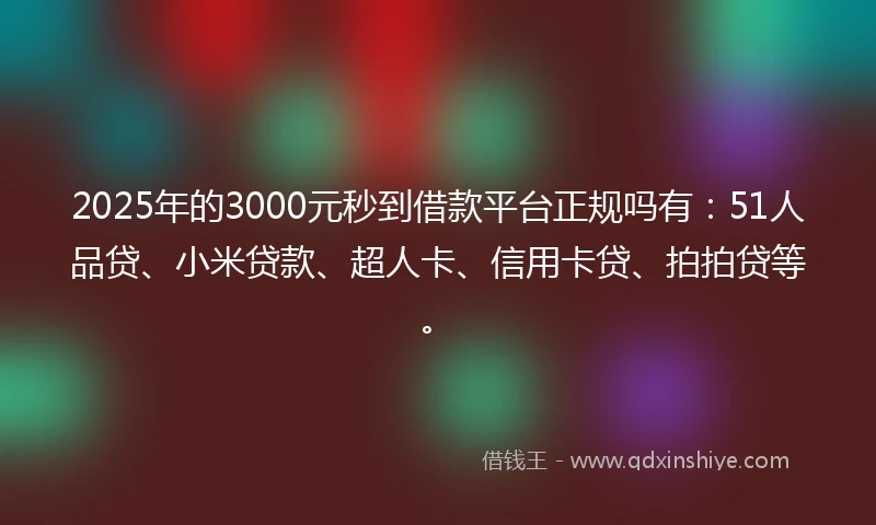 2025年的3000元秒到借款平台正规吗有:51人品贷、小米贷款、超人卡、信用卡贷、拍拍贷等。