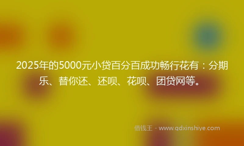 2025年的5000元小贷百分百成功畅行花有:分期乐、替你还、还呗、花呗、团贷网等。