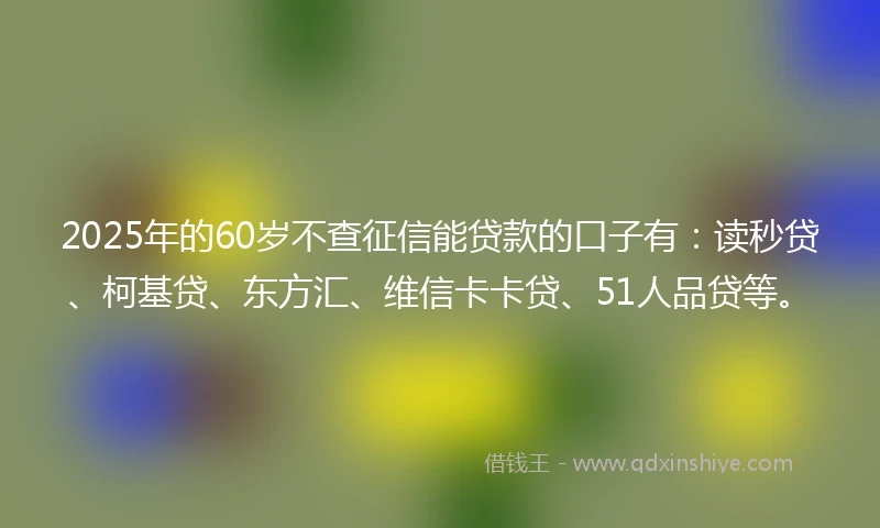 2025年的60岁不查征信能贷款的口子有：读秒贷、柯基贷、东方汇、维信卡卡贷、51人品贷等。