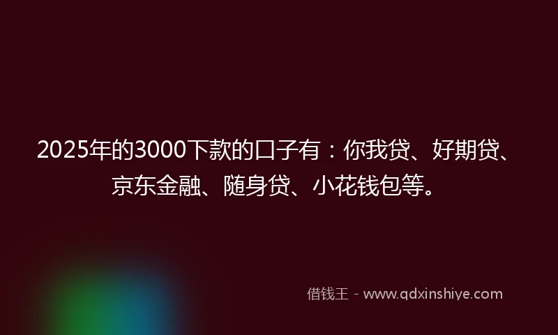 2025年的3000下款的口子有：你我贷、好期贷、京东金融、随身贷、小花钱包等。