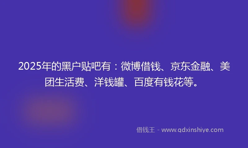 2025年的黑户贴吧有：微博借钱、京东金融、美团生活费、洋钱罐、百度有钱花等。