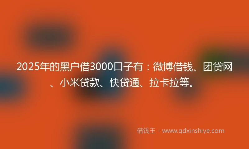 2025年的黑户借3000口子有：微博借钱、团贷网、小米贷款、快贷通、拉卡拉等。