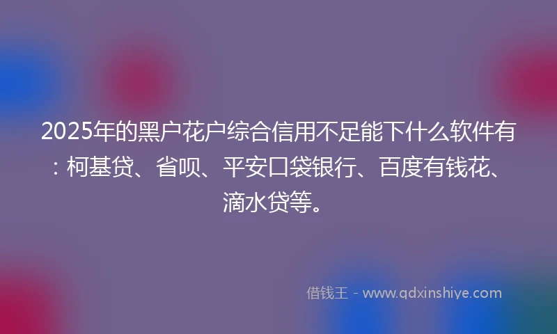 2025年的黑户花户综合信用不足能下什么软件有：柯基贷、省呗、平安口袋银行、百度有钱花、滴水贷等。