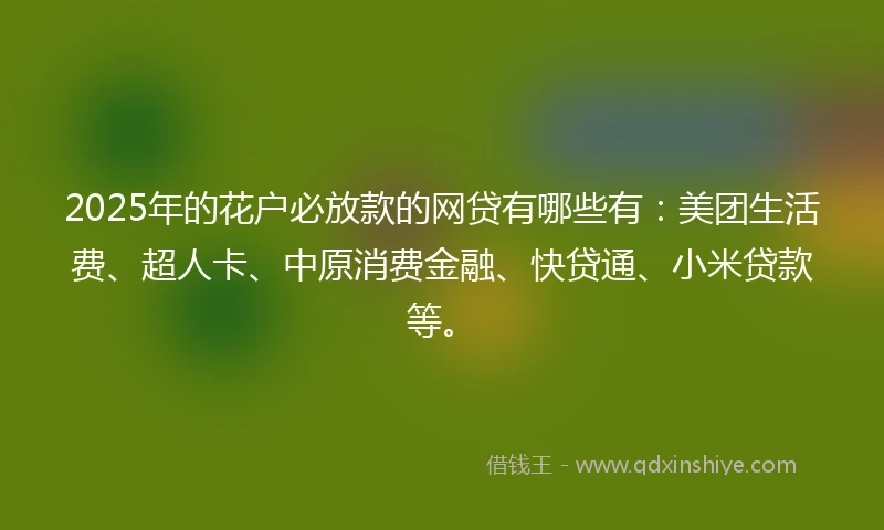 2025年的花户必放款的网贷有哪些有：美团生活费、超人卡、中原消费金融、快贷通、小米贷款等。