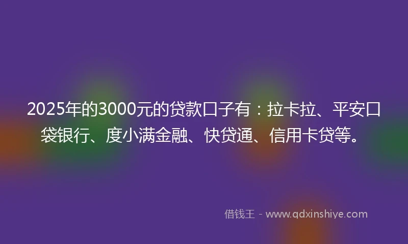 2025年的3000元的贷款口子有：拉卡拉、平安口袋银行、度小满金融、快贷通、信用卡贷等。