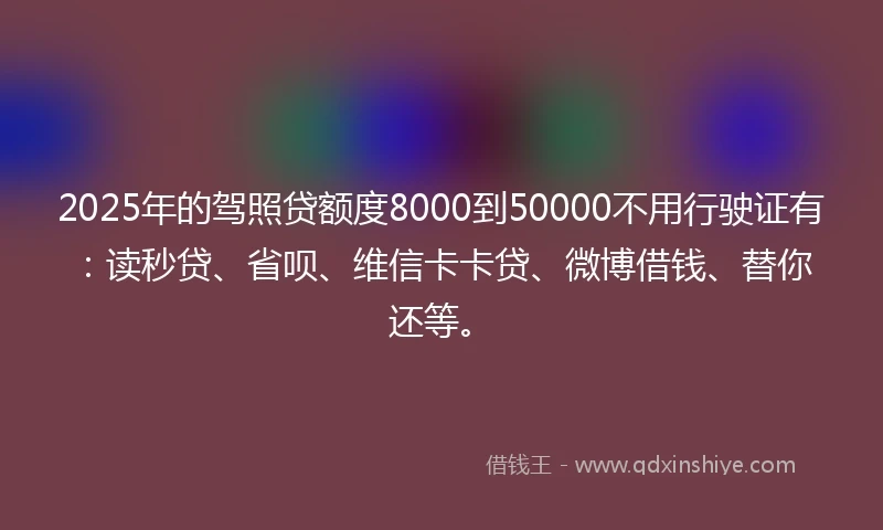 2025年的驾照贷额度8000到50000不用行驶证有：读秒贷、省呗、维信卡卡贷、微博借钱、替你还等。