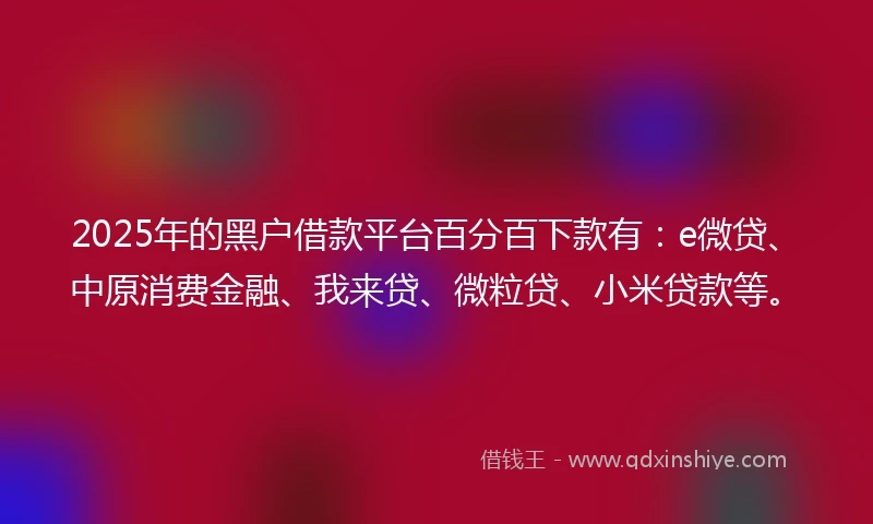 2025年的黑户借款平台百分百下款有：e微贷、中原消费金融、我来贷、微粒贷、小米贷款等。