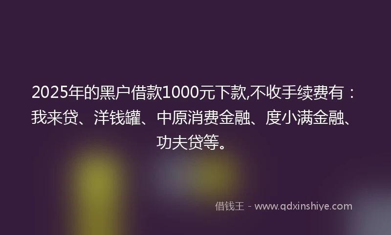 2025年的黑户借款1000元下款,不收手续费有：我来贷、洋钱罐、中原消费金融、度小满金融、功夫贷等。