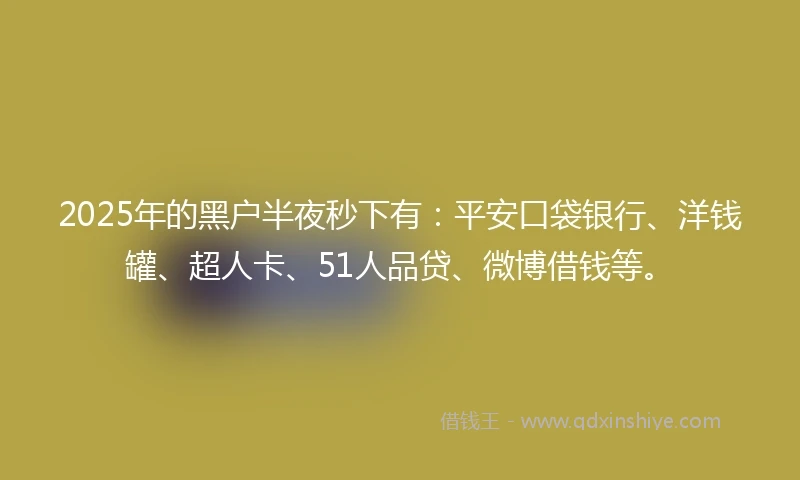 2025年的黑户半夜秒下有：平安口袋银行、洋钱罐、超人卡、51人品贷、微博借钱等。