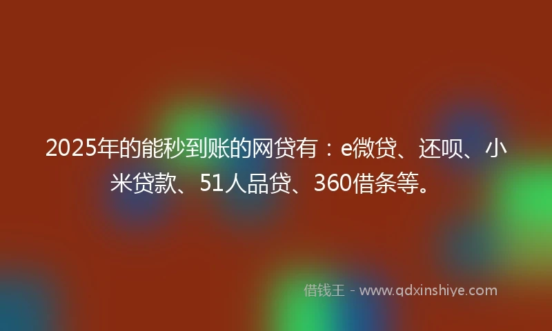 2025年的能秒到账的网贷有：e微贷、还呗、小米贷款、51人品贷、360借条等。