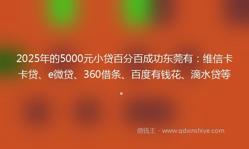 2025年的5000元小贷百分百成功东莞有：维信卡卡贷、e微贷、360借条、百度有钱花、滴水贷等。
